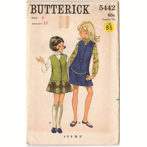 Vintage Butterick 5442 Sewing Pattern 1960s Girls Low Waisted Jumper Dress Size 6 - Avid Vintage