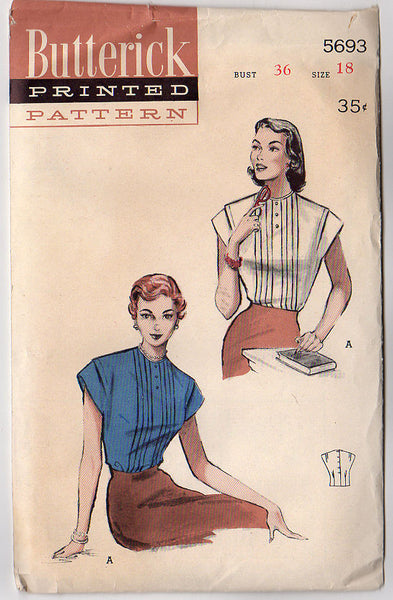 Vintage 1950s Butterick Sewing Pattern 5693 Womens Button Back Blouse Kimono Sleeves - Avid Vintage