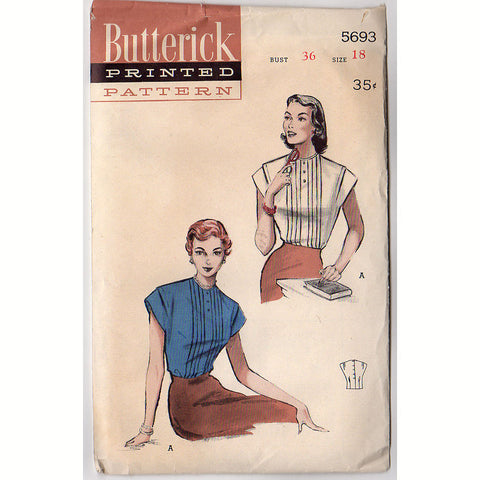 Vintage 1950s Butterick Sewing Pattern 5693 Womens Button Back Blouse Kimono Sleeves - Avid Vintage
