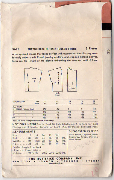 Vintage 1950s Butterick Sewing Pattern 5693 Womens Button Back Blouse Kimono Sleeves - Avid Vintage