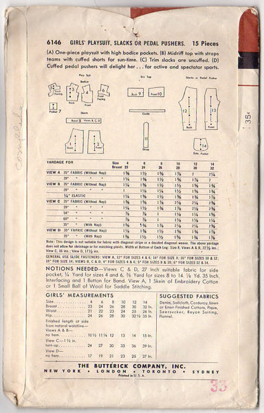 Vintage 1950s Butterick Sewing Pattern 6146 Girls Summer Wear Midriff Top Shorts - Avid Vintage