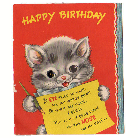 Button Eye Gray Kitten Vintage Forget-Me-Not Childrens Birthday Card - Avid Vintage