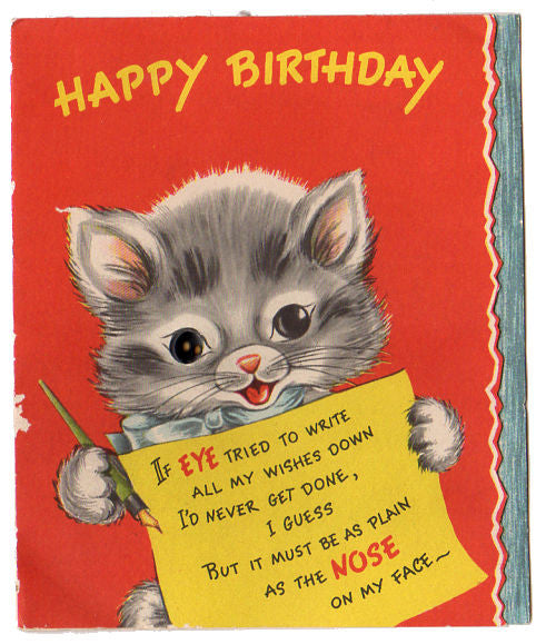Button Eye Gray Kitten Vintage Forget-Me-Not Childrens Birthday Card - Avid Vintage