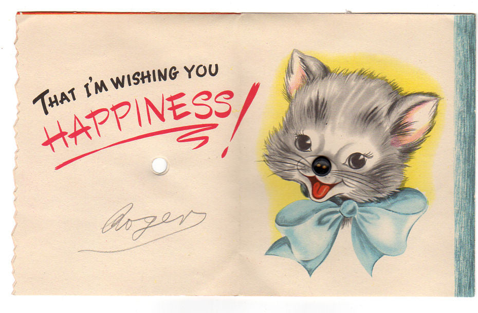 Button Eye Gray Kitten Vintage Forget-Me-Not Childrens Birthday Card - Avid Vintage