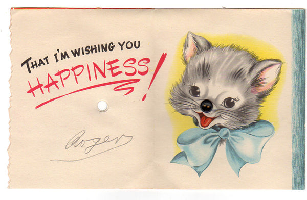 Button Eye Gray Kitten Vintage Forget-Me-Not Childrens Birthday Card - Avid Vintage