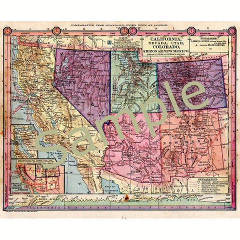 Antique Printable 1885 Color Map of California Nevada Utah Colorado and Arizona Instant Digital Download - Avid Vintage