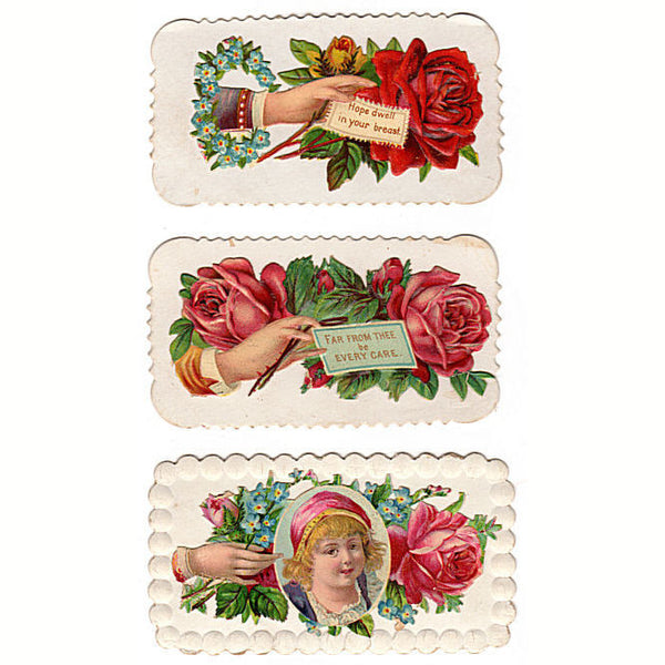 3 Antique Victorian Hidden Name Calling Cards Die Cut Roses - Avid Vintage