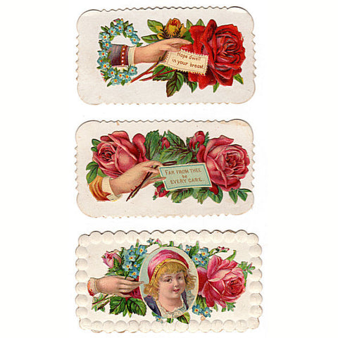 3 Antique Victorian Hidden Name Calling Cards Die Cut Roses - Avid Vintage