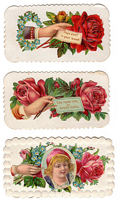 3 Antique Victorian Hidden Name Calling Cards Die Cut Roses - Avid Vintage