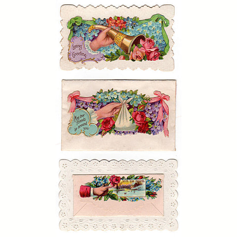 3 Antique Victorian Hidden Name Calling Cards Die Cut - Avid Vintage