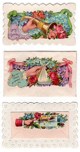 3 Antique Victorian Hidden Name Calling Cards Die Cut - Avid Vintage