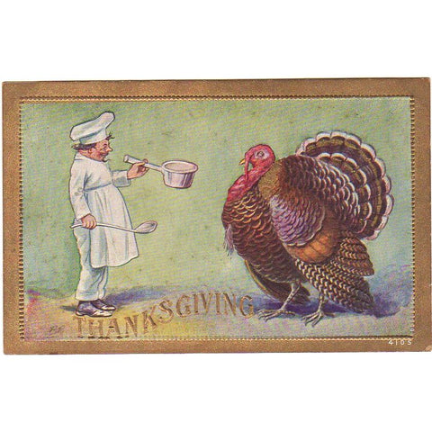 Chef Cook and Huge Turkey Old Antique Thanksgiving Day Postcard - Avid Vintage