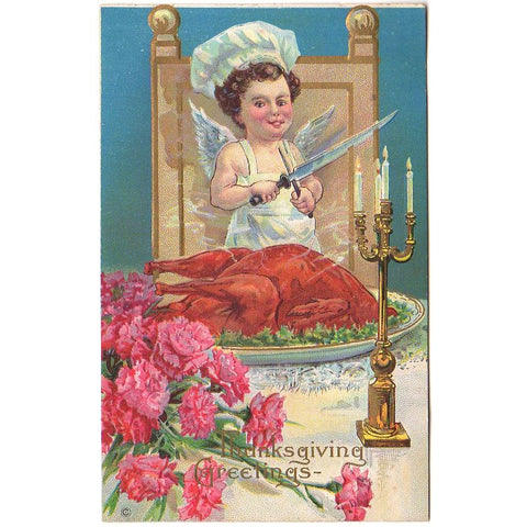 Cherub Chef Carves Turkey Candelabra Pink Carnations Vintage Thanksgiving Postcard - Avid Vintage