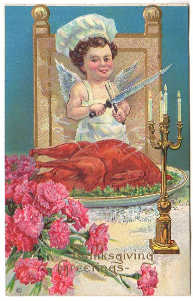 Cherub Chef Carves Turkey Candelabra Pink Carnations Vintage Thanksgiving Postcard - Avid Vintage