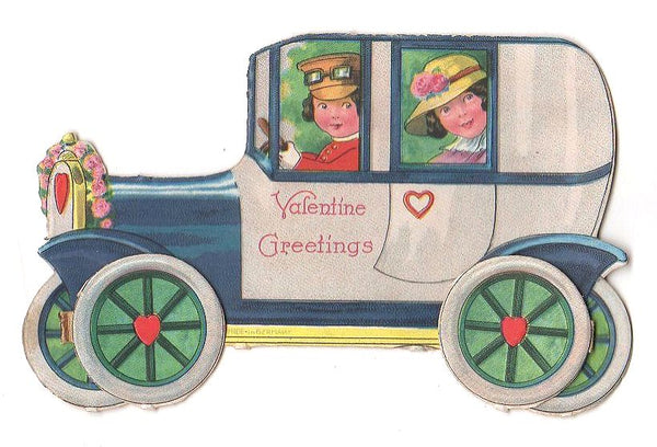 Children in Antique Car Vintage Valentine Card Chauffeur Driving Girl - Avid Vintage