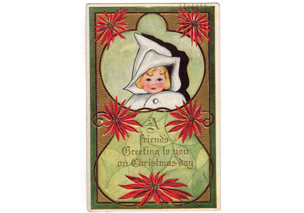 Vintage 1910s Embossed Christmas Postcard Baby Girl in White Bunting Bag Red Poinsettias - Avid Vintage