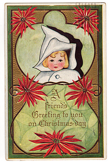 Vintage 1910s Embossed Christmas Postcard Baby Girl in White Bunting Bag Red Poinsettias - Avid Vintage