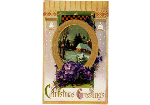 Vintage Embossed Christmas Postcard Checkerboard Purple Violets Embossed Winter Scene - Avid Vintage