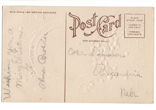 Vintage Embossed Christmas Postcard Checkerboard Purple Violets Embossed Winter Scene - Avid Vintage