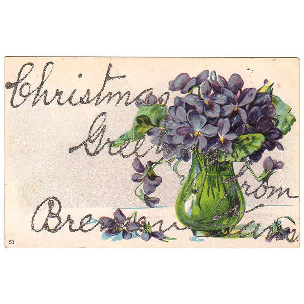 Christmas Greetings from Bremen Kansas Antique Paper Postcard Violets in Vase - Avid Vintage