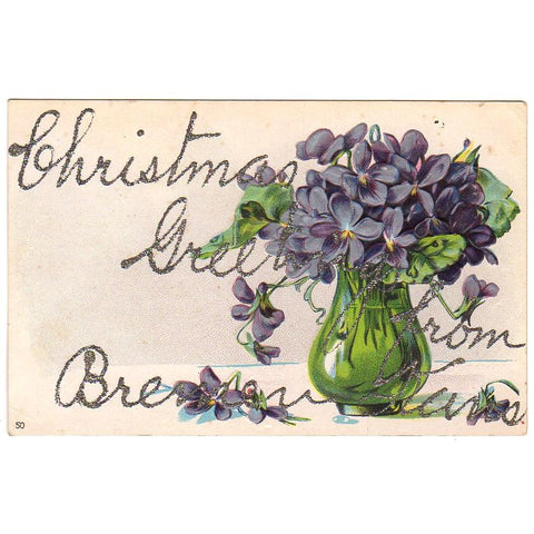 Christmas Greetings from Bremen Kansas Antique Paper Postcard Violets in Vase - Avid Vintage