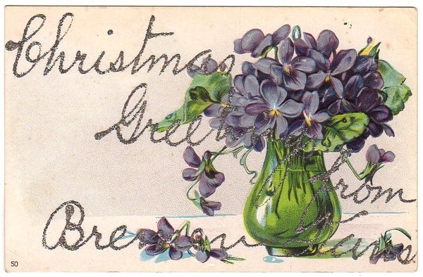 Christmas Greetings from Bremen Kansas Antique Paper Postcard Violets in Vase - Avid Vintage