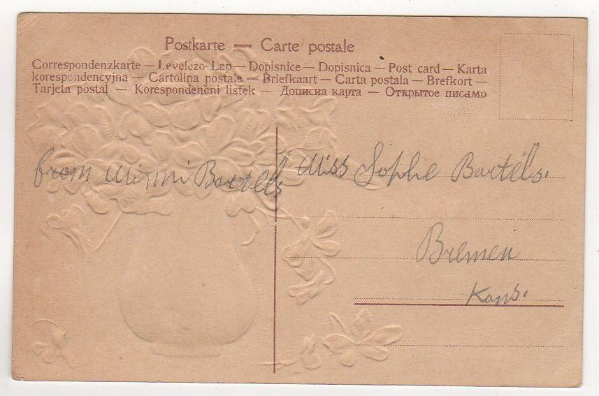 Christmas Greetings from Bremen Kansas Antique Paper Postcard Violets in Vase - Avid Vintage