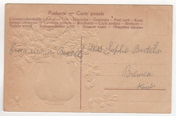 Christmas Greetings from Bremen Kansas Antique Paper Postcard Violets in Vase - Avid Vintage