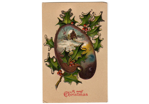 Vintage 1910s Winter Scene Paint Pallet Merry Christmas Postcard - Avid Vintage