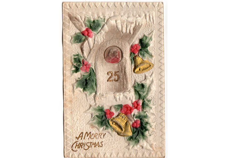 Heavily Embossed Antique 1910s Merry Christmas Postcard Birdhouse Gold Bells - Avid Vintage