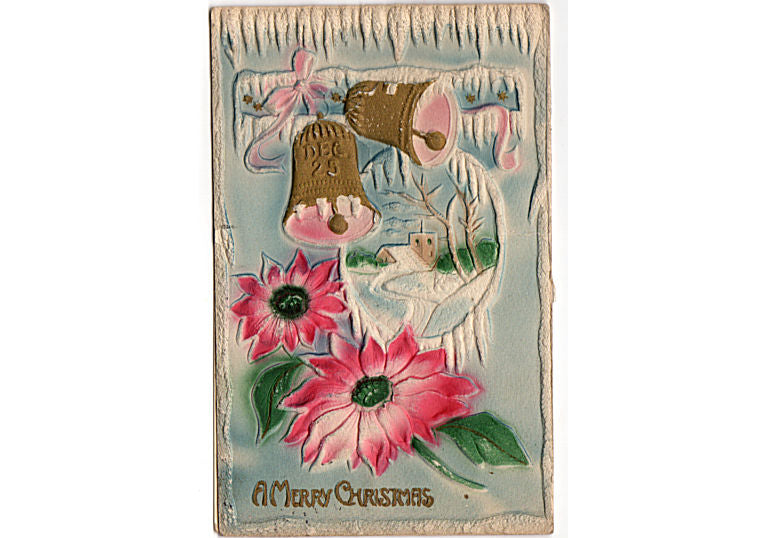 Vintage Christmas Postcard Heavily Embossed Gold Bells Winter Church Scene - Avid Vintage