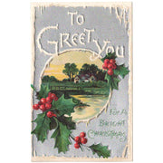 Christmas Postcard Old Vintage Embossed Water Scene Holly Ice Unused - Avid Vintage