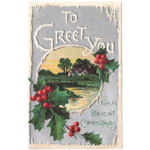 Christmas Postcard Old Vintage Embossed Water Scene Holly Ice Unused - Avid Vintage