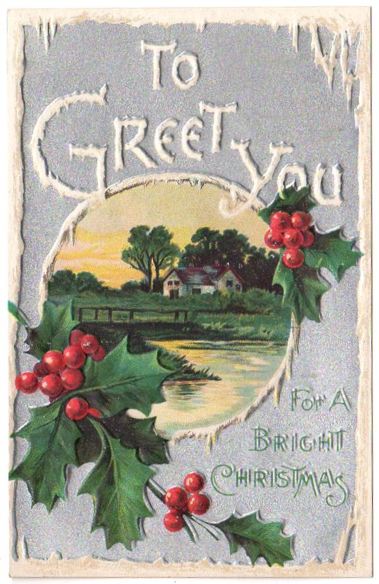 Christmas Postcard Old Vintage Embossed Water Scene Holly Ice Unused - Avid Vintage