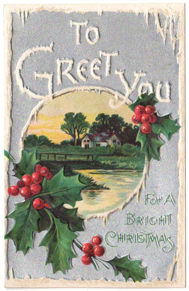 Christmas Postcard Old Vintage Embossed Water Scene Holly Ice Unused - Avid Vintage