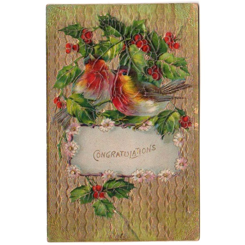 Congratulations Birds Vintage Embossed Postcard Gold Background - Avid Vintage