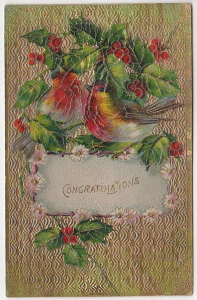 Congratulations Birds Vintage Embossed Postcard Gold Background - Avid Vintage