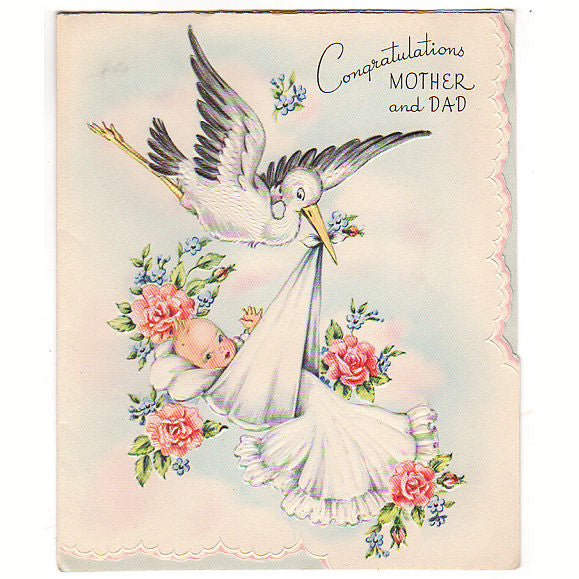 Vintage 1950s Congratulations New Baby Greeting Card Stork Blanket - Avid Vintage