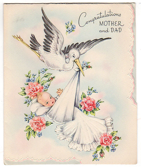 Vintage 1950s Congratulations New Baby Greeting Card Stork Blanket - Avid Vintage