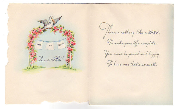 Vintage 1950s Congratulations New Baby Greeting Card Stork Blanket - Avid Vintage