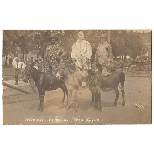 Creepy Clowns on Donkeys Fairbury Nebraska RPPC Labor Day 1911 Parade Postcard - Avid Vintage