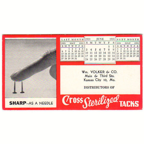 Cross Sterilized Tacks Vintage 1950s Advertising Ink Blotter Wm. Volker Kansas City MO - Avid Vintage