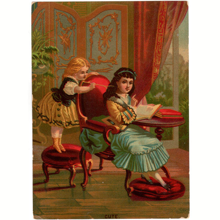 Antique Lithograph 1880s Victorian Parlor Print Girl Reading a Book - Avid Vintage