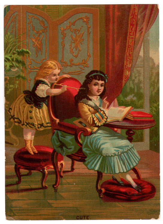 Antique Lithograph 1880s Victorian Parlor Print Girl Reading a Book - Avid Vintage