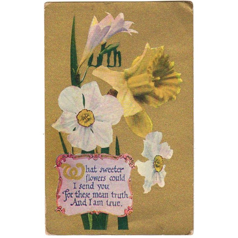 Daffodils White and Yellow Vintage 1910s Greeting Postcard Gold Background - Avid Vintage