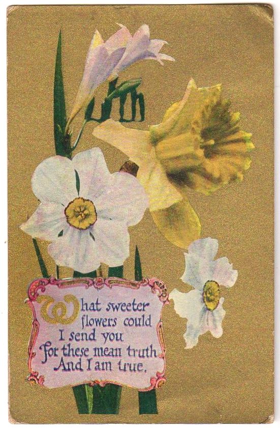 Daffodils White and Yellow Vintage 1910s Greeting Postcard Gold Background - Avid Vintage