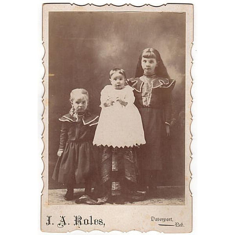 Antique Davenport Nebraska Cabinet Card Little Girls in Dark Dresses J A Roles Photographer - Avid Vintage