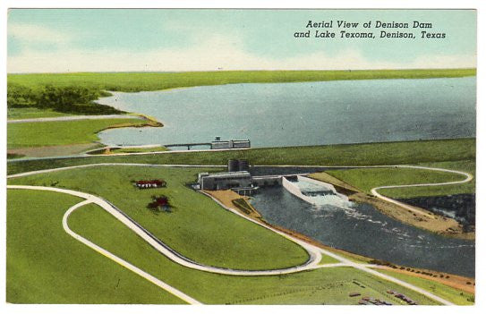Vintage Denison Texas Postcard Aerial View of Denison Dam and Lake - Avid Vintage