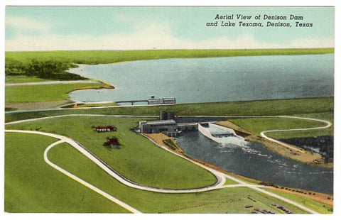 Vintage Denison Texas Postcard Aerial View of Denison Dam and Lake - Avid Vintage