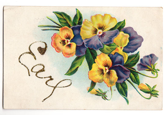 Vintage 1910s Pansy Greetings Postcard Earl Purple and Yellow Flowers - Avid Vintage